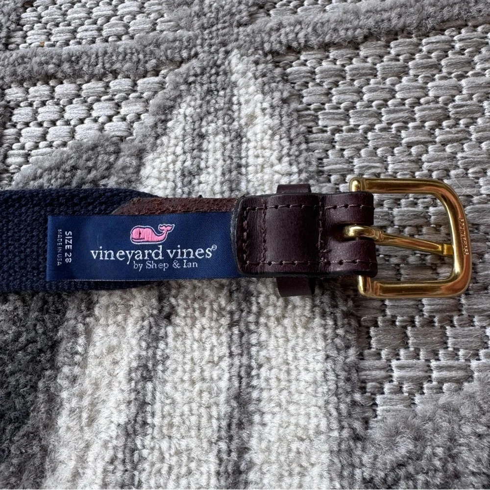 Vineyard Vines Unisex Men’s Women’s Size 28 Navy Blue Brown Leather Striped Belt